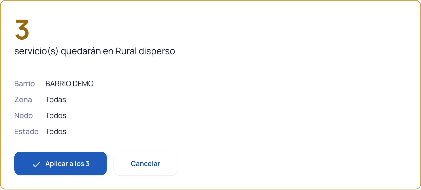 Página Confirmar el cambio de zona con el número de servicios afectados, el resumen del filtro y el botón Aplicar