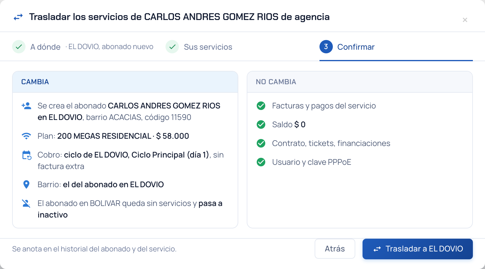 Paso 3 del asistente con las columnas Cambia y No cambia y el botón Trasladar a EL DOVIO
