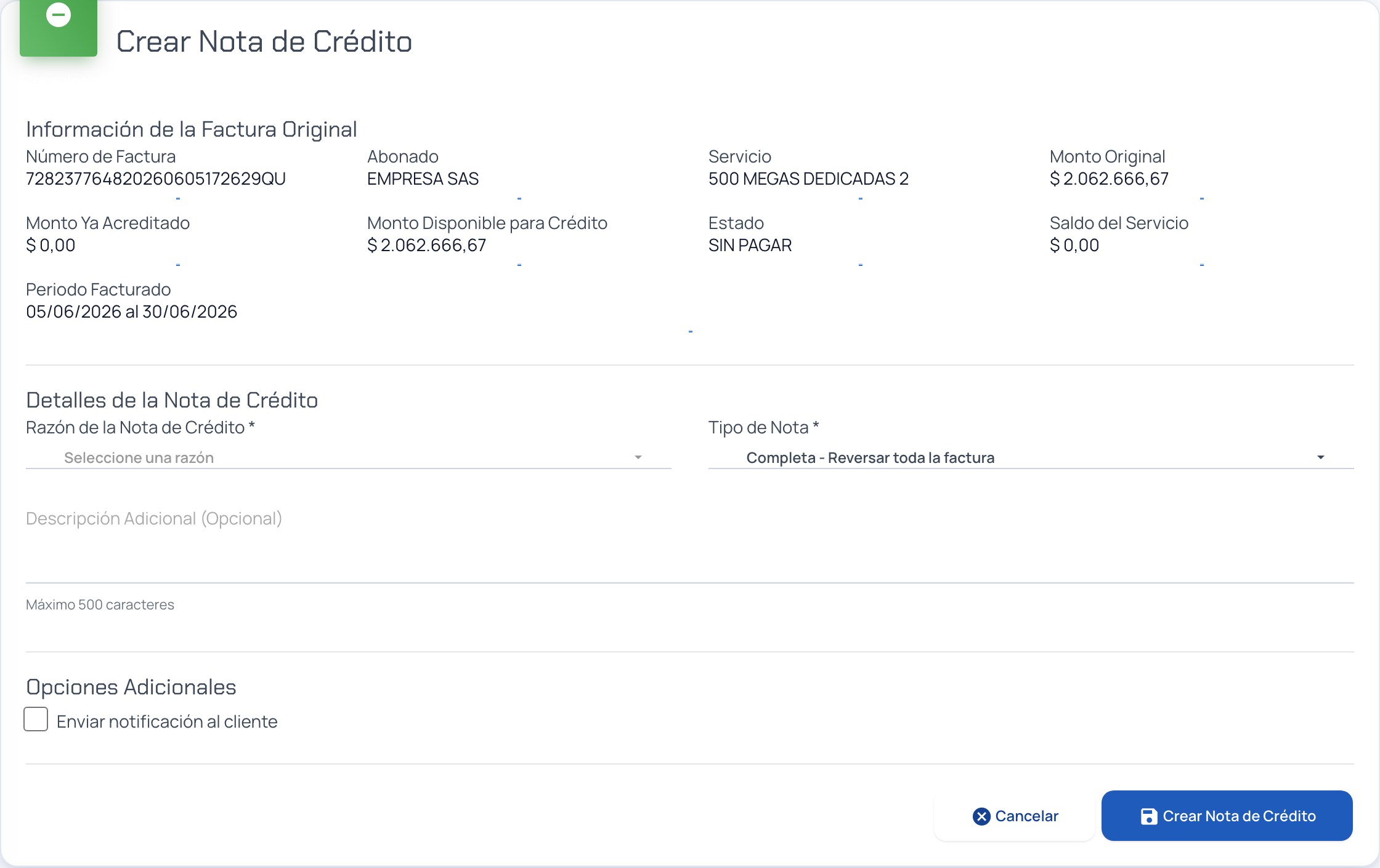 Formulario para crear una nota de crédito con el motivo y el tipo total o parcial