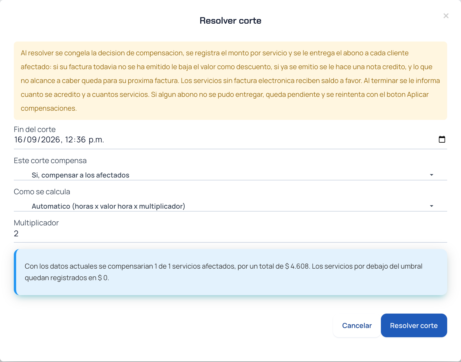 Ventana Resolver corte con el fin del corte, la opción de compensar, el modo automático y el multiplicador