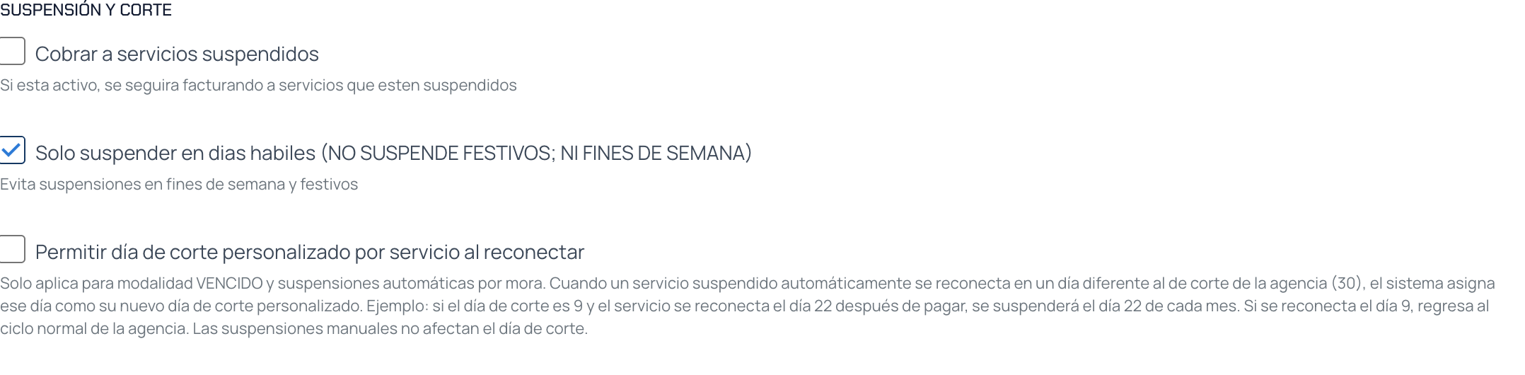 Configuración de suspensión y corte de la agencia