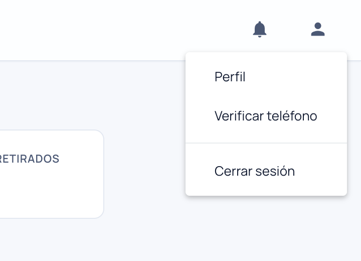 Menú de usuario con Perfil, Verificar teléfono y Cerrar sesión
