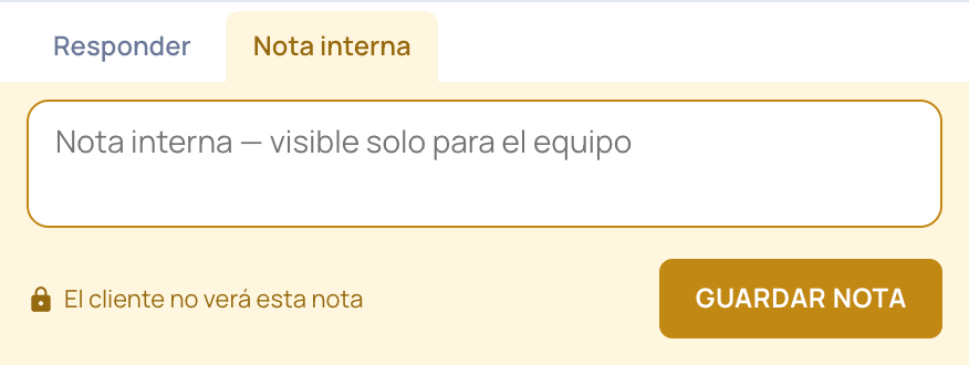Compositor en la pestaña Nota interna, con el aviso de que el cliente no verá la nota