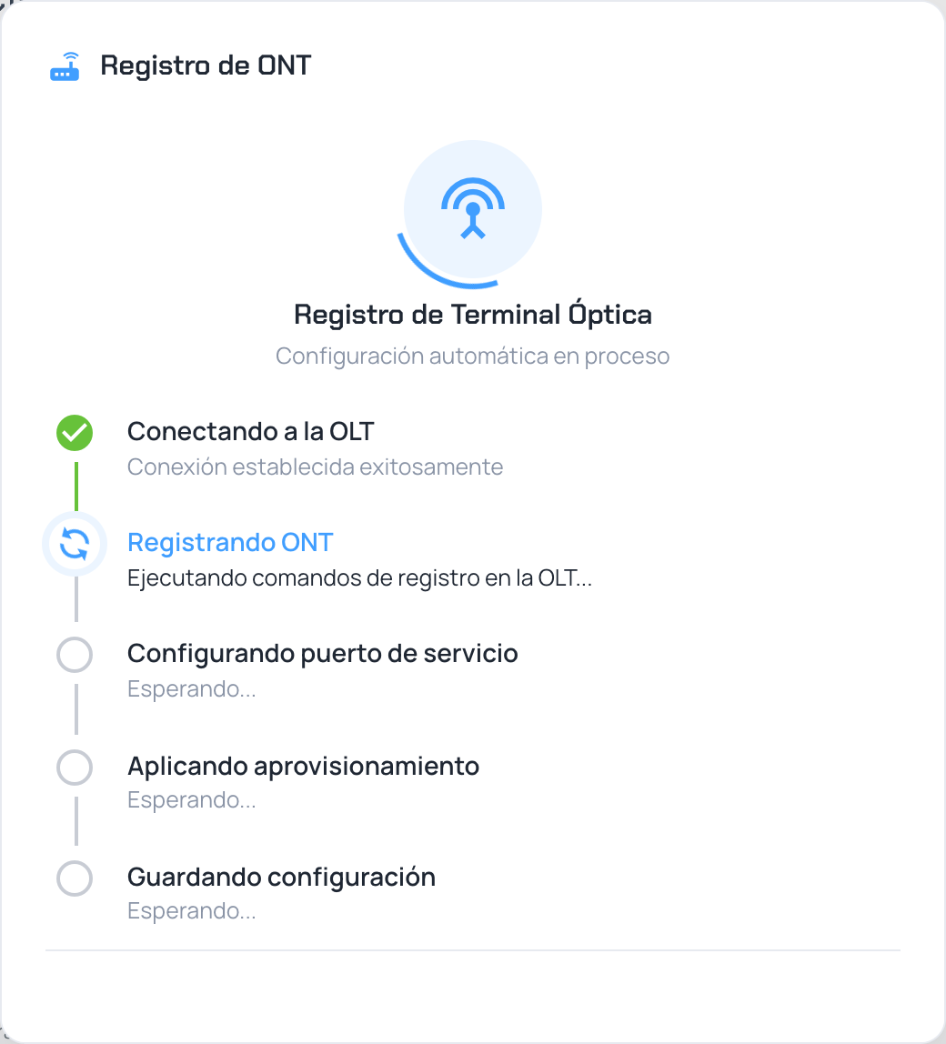 Ventana Registro de ONT con el paso Registrando ONT en curso