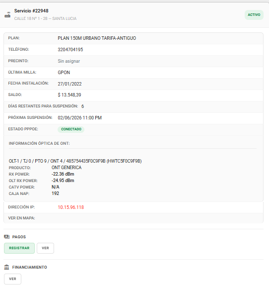 Servicio activado mostrando la información del equipo