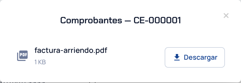 Ventana Comprobantes del gasto con el archivo adjunto y su botón Descargar