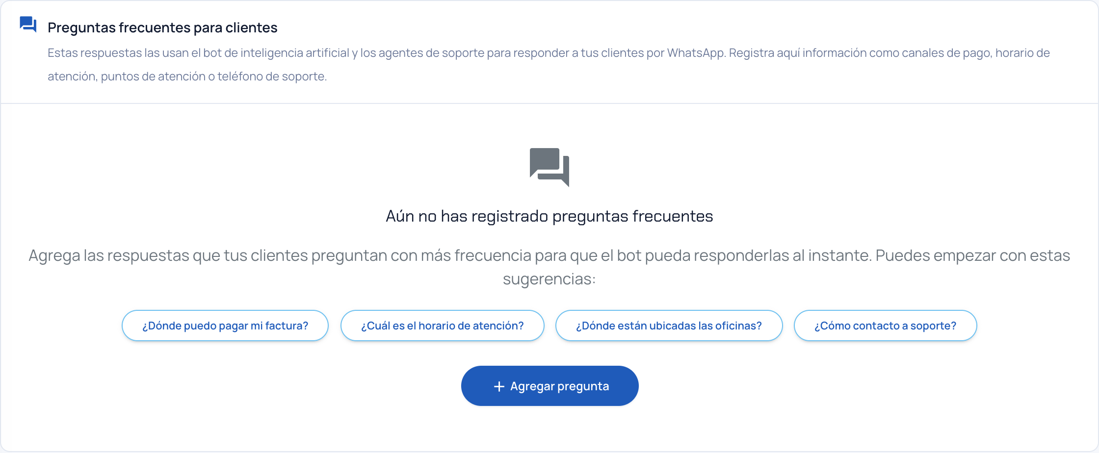 Pestaña Preguntas frecuentes sin registros, con las sugerencias para empezar
