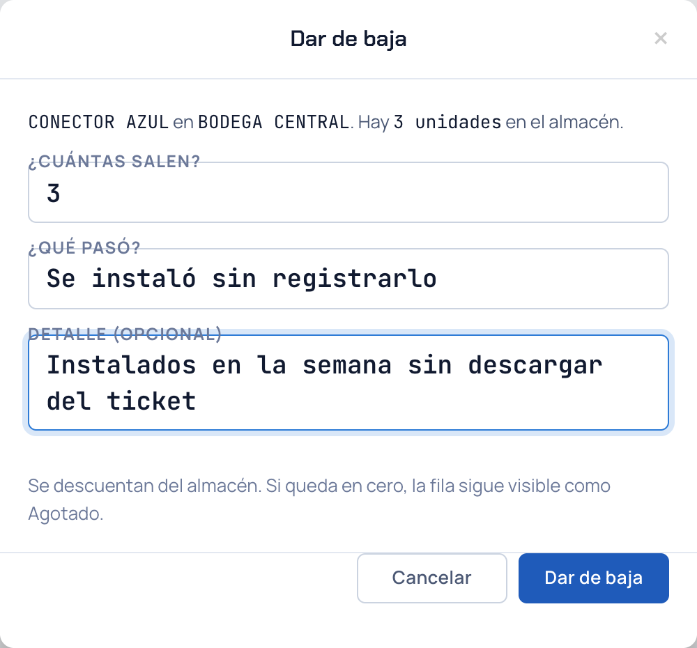 Ventana Dar de baja con la cantidad, el motivo y el detalle