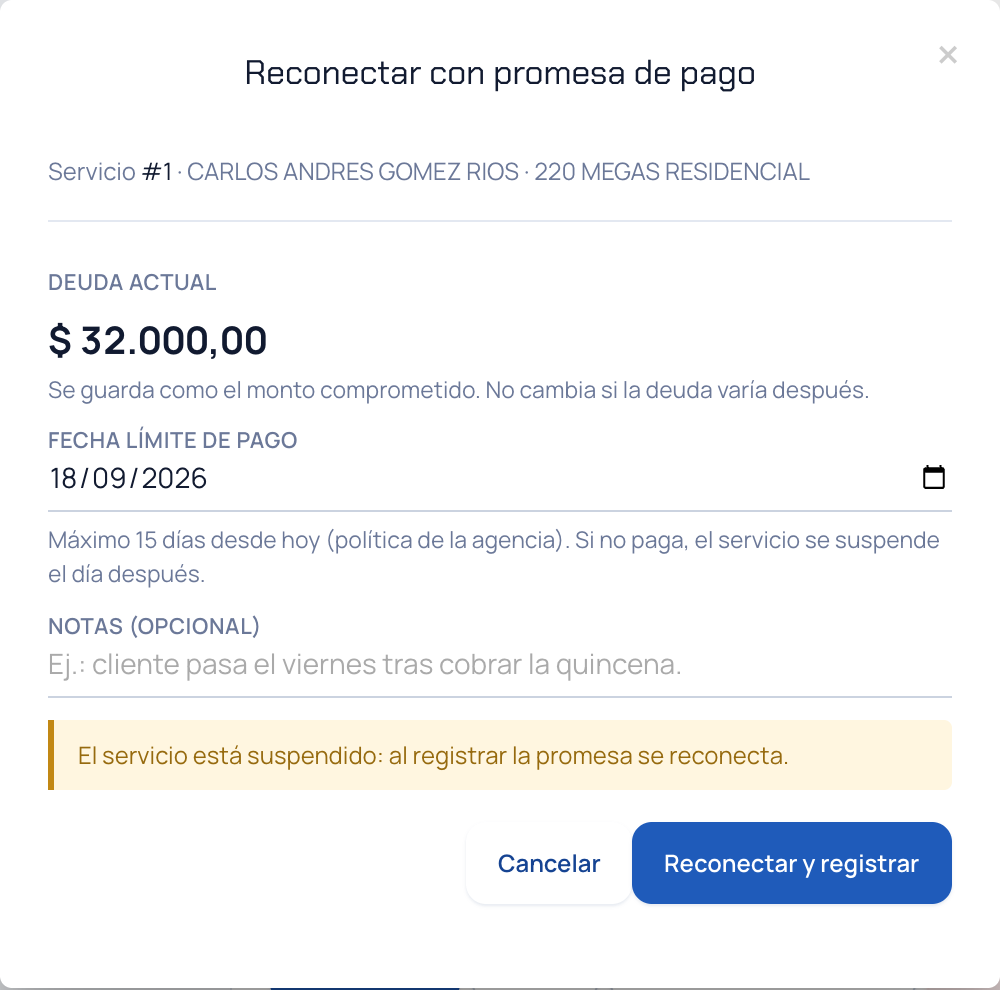 Ventana Reconectar con promesa de pago con la deuda actual, la fecha límite y las notas