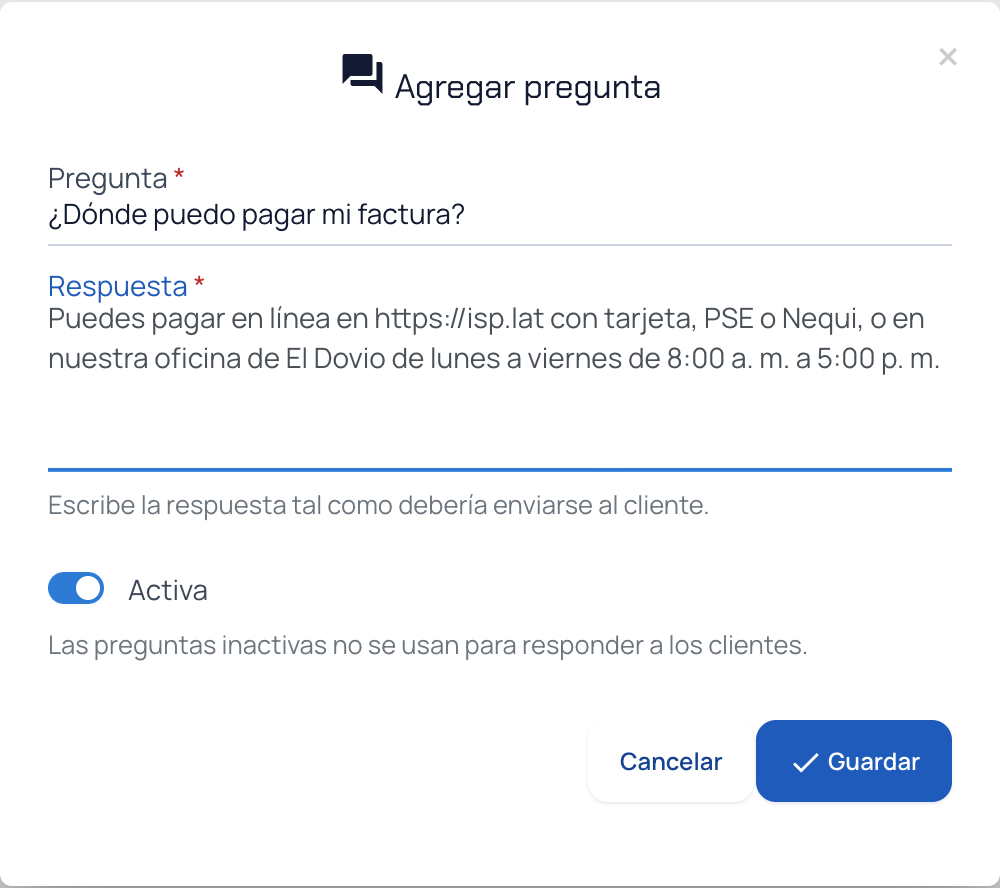 Ventana Agregar pregunta con la pregunta, la respuesta y la casilla Activa