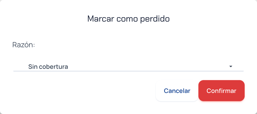 Ventana Marcar como perdido con la lista de razones
