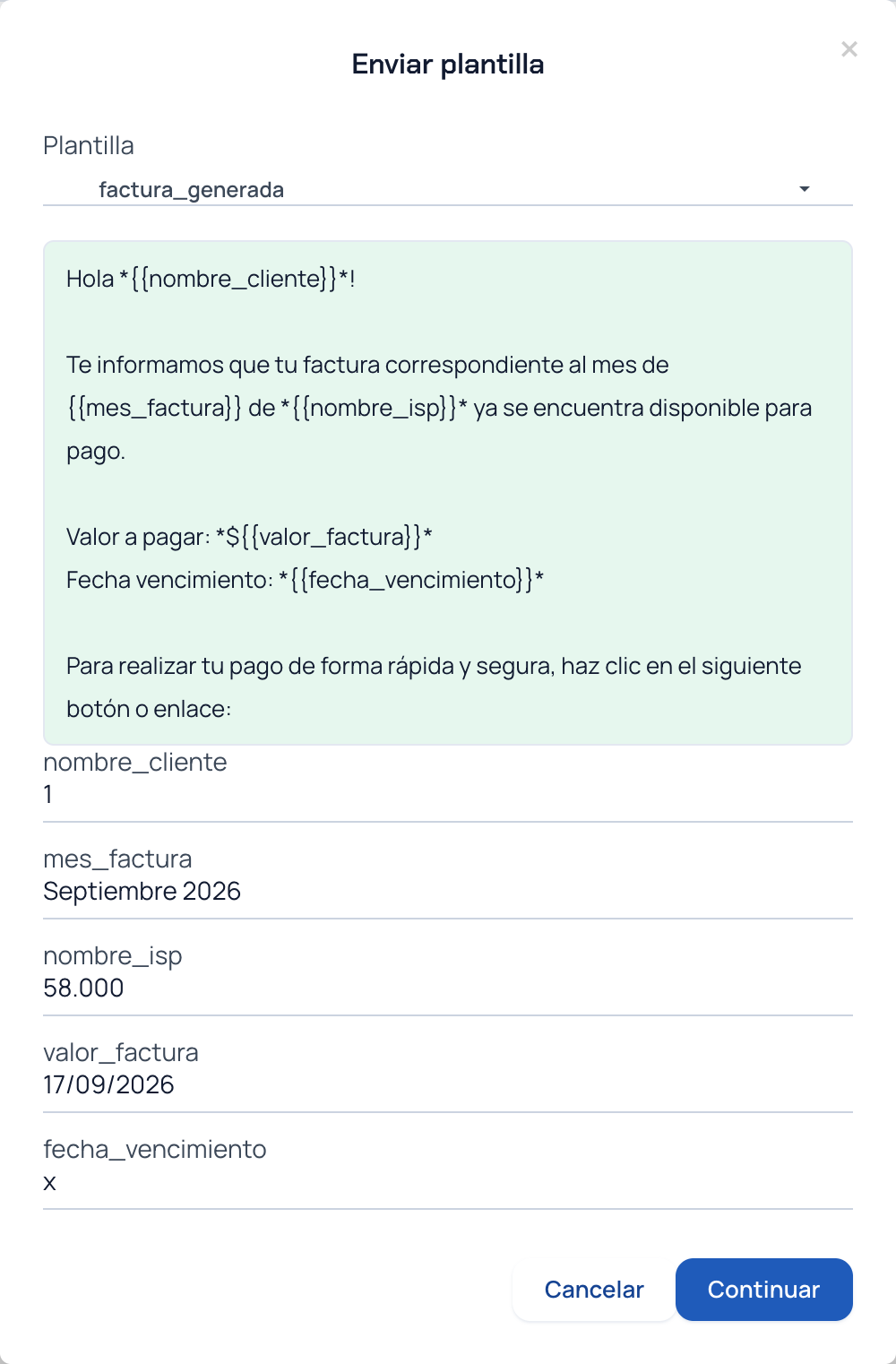 Ventana Enviar plantilla con la plantilla factura_generada elegida y sus variables