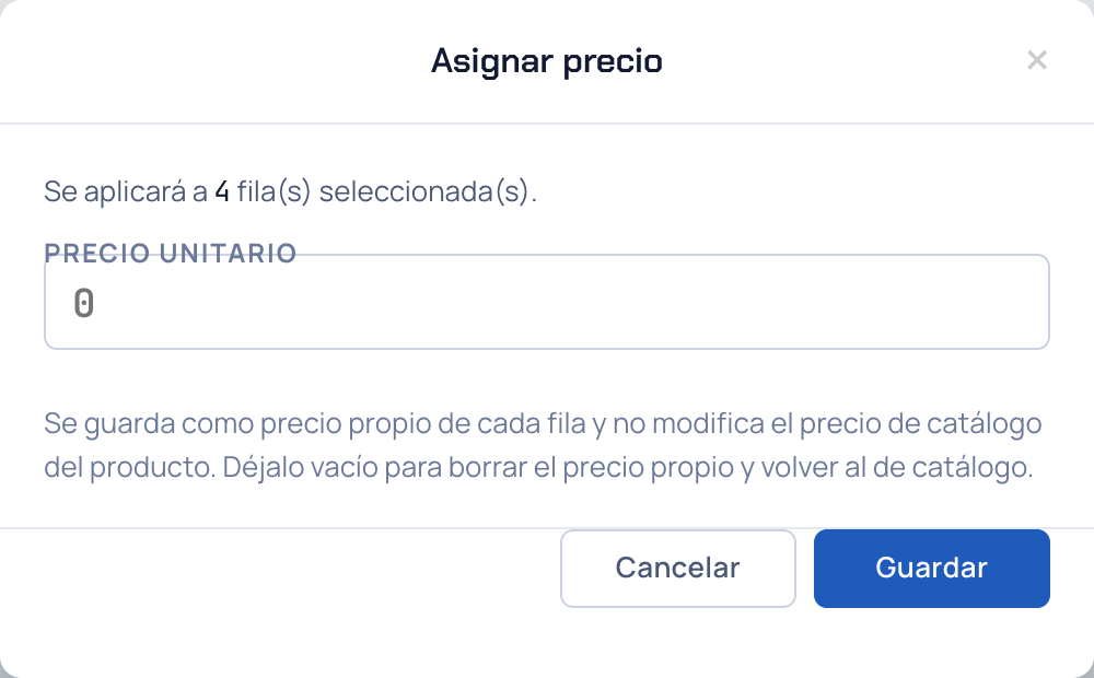 Ventana Asignar precio para las filas seleccionadas