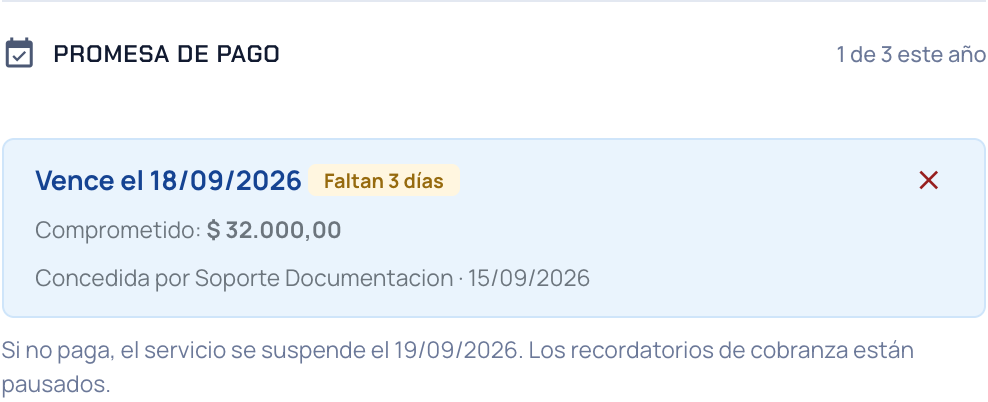 Sección Promesa de pago con la promesa vigente, su vencimiento y el botón para cancelarla