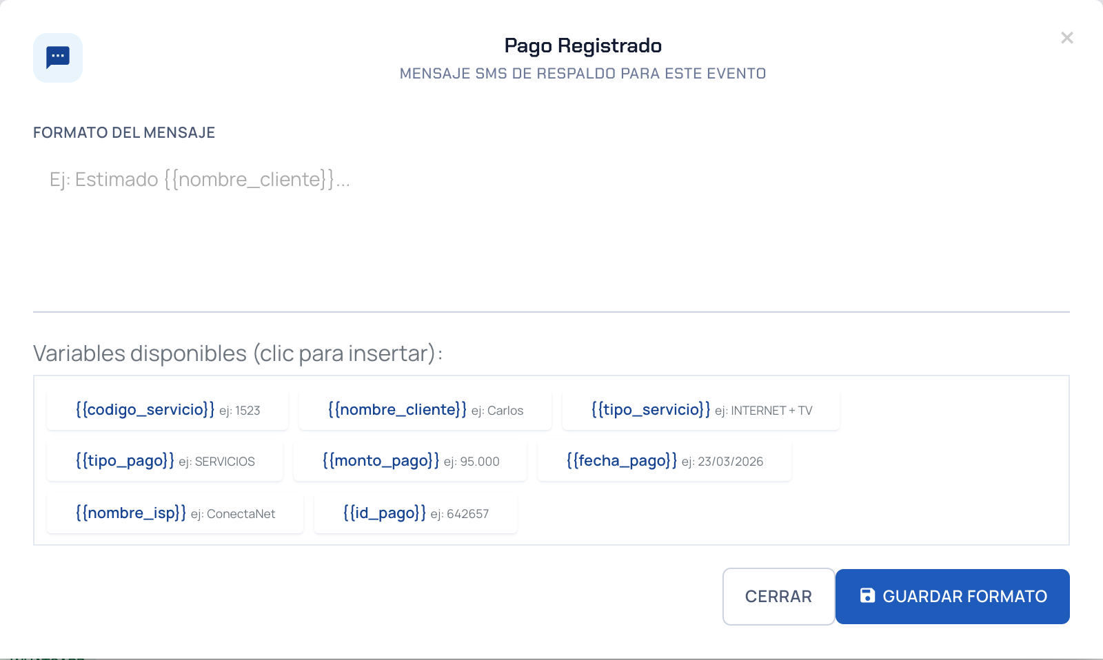 Ventana Formato SMS del evento Pago Registrado con las variables disponibles