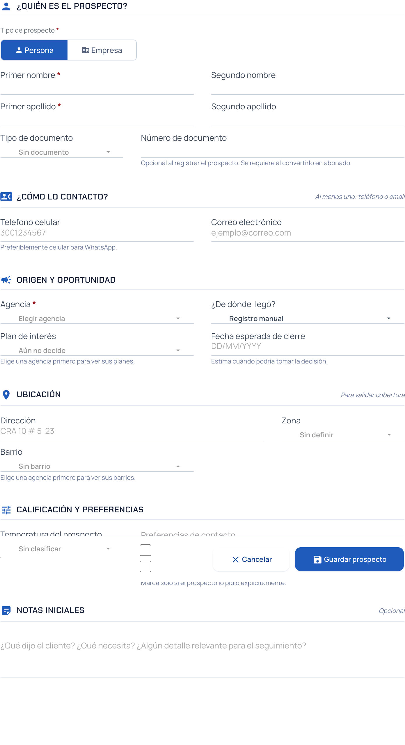 Formulario Registrar nuevo prospecto con sus seis secciones