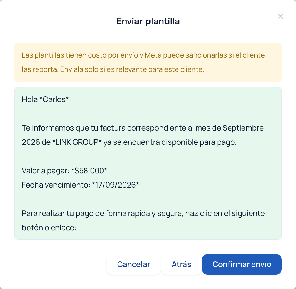 Segundo paso de Enviar plantilla con la vista previa del mensaje y el botón Confirmar envío