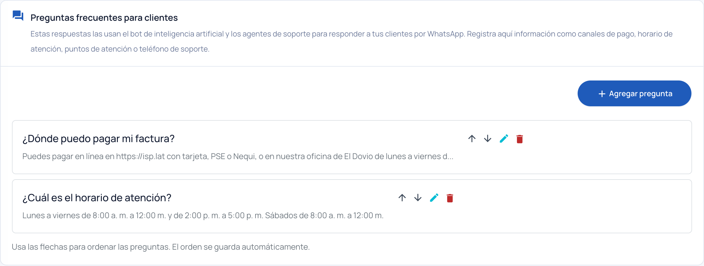 Lista de preguntas frecuentes con los botones de ordenar, editar y eliminar