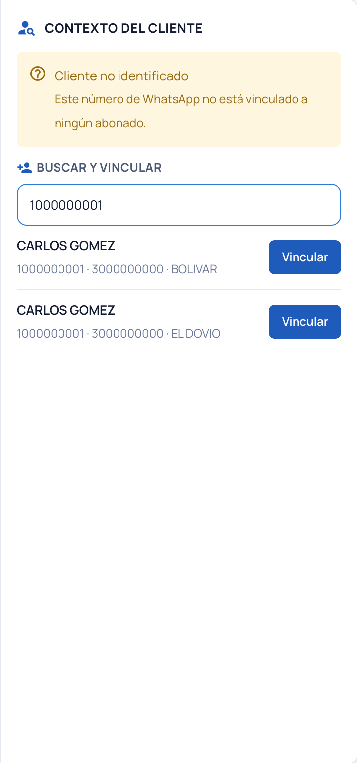 Panel Contexto del cliente para un número no identificado, con la búsqueda y el botón Vincular