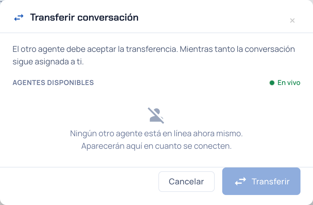 Ventana Transferir conversación sin otros agentes en línea