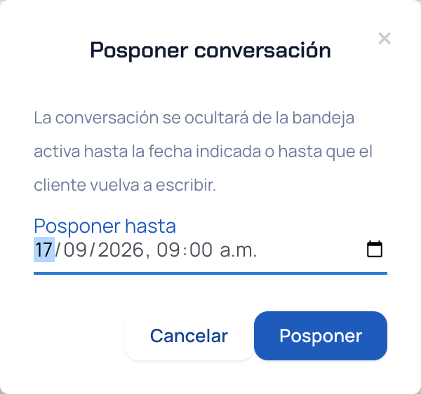 Ventana Posponer conversación con el campo Posponer hasta