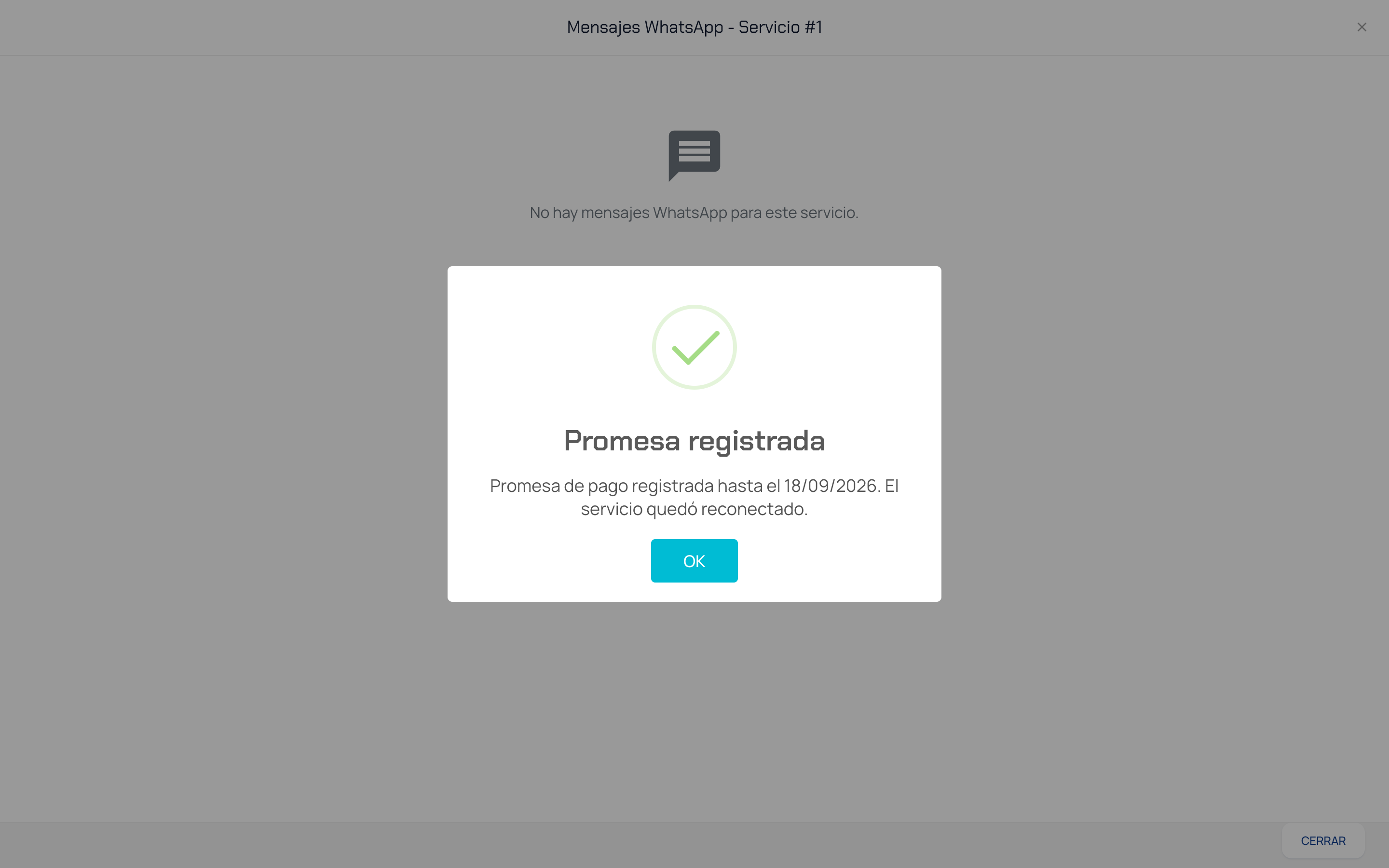 Ventana Mensajes WhatsApp del servicio sin mensajes registrados