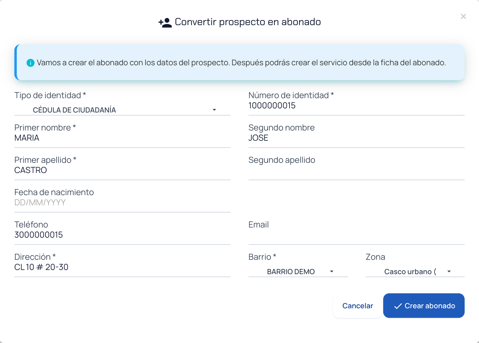 Ventana Convertir prospecto en abonado con los datos de identidad, contacto y ubicación