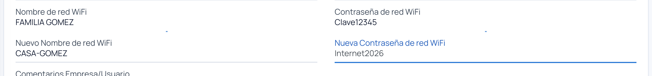 Campos de red WiFi actual y nueva que aparecen para instalaciones y cambios de WiFi