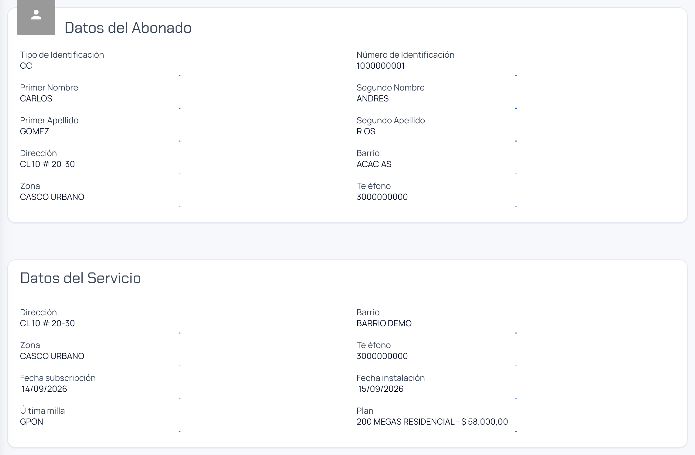Tarjetas Datos del Abonado y Datos del Servicio del formulario de creación