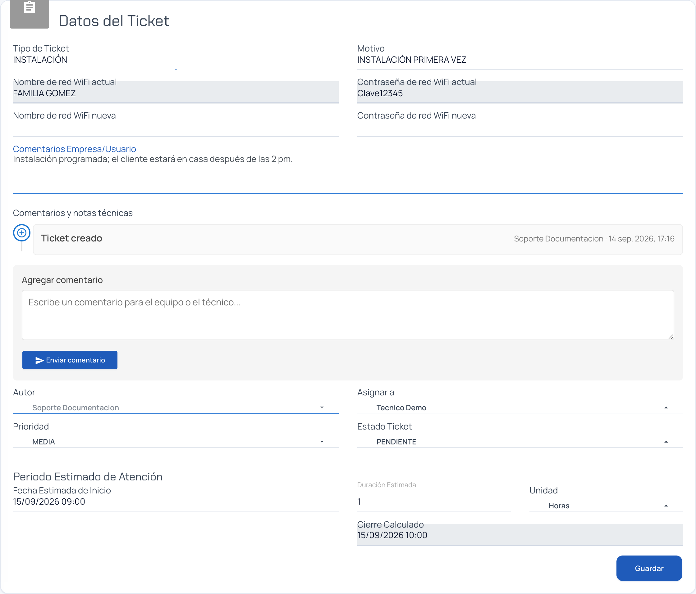 Formulario Editar Ticket de una instalación con los datos WiFi, el historial y la asignación