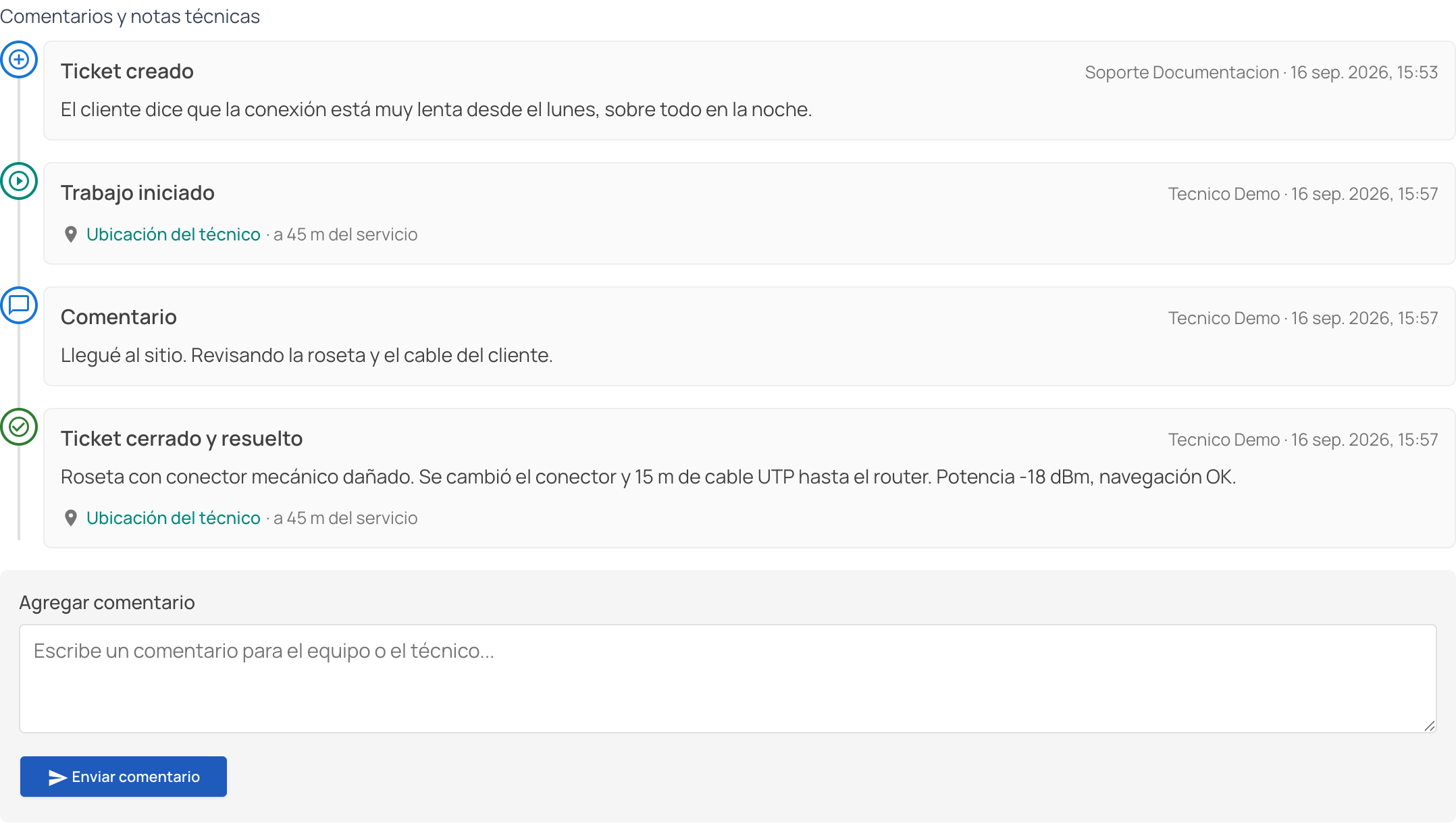 Historial de un ticket cerrado: creado, trabajo iniciado con ubicación, comentario y cierre