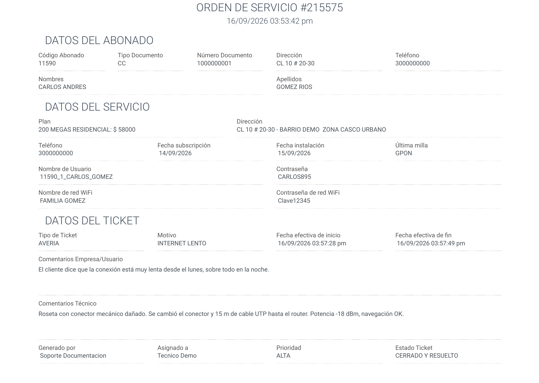 Orden de servicio en PDF con los datos del abonado, del servicio y del ticket