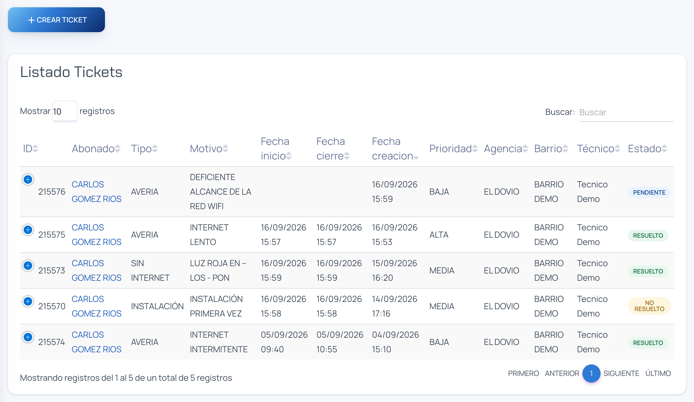 Lista de tickets de un servicio con el botón CREAR TICKET